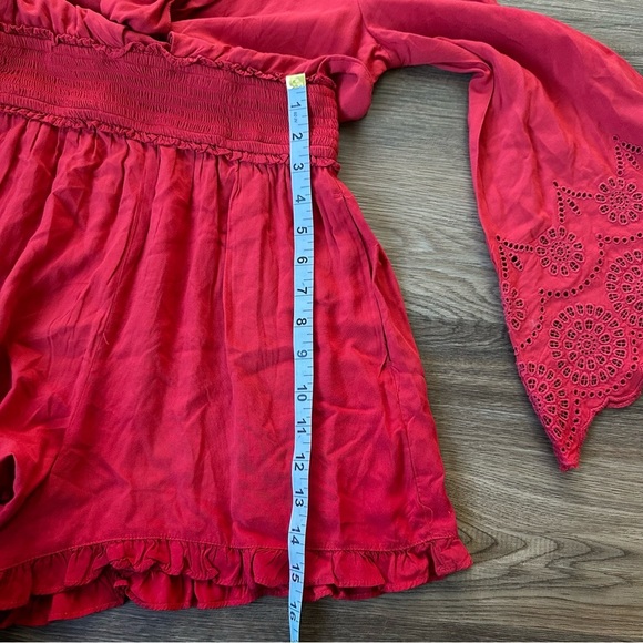 American Eagle Womens Red Front Bow Tie Bell Sleeve Romper XS Smocked Waist NWT - Picture 10 of 13